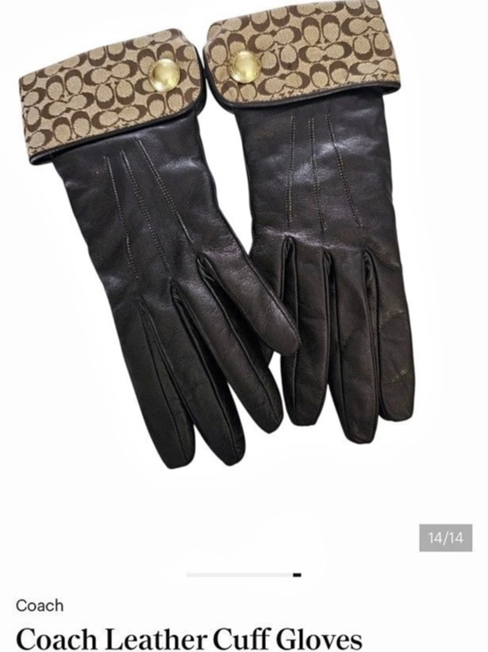 Coach Leather Cuff Gloves Cashmere Lining Signature Monogram C Logo and Button